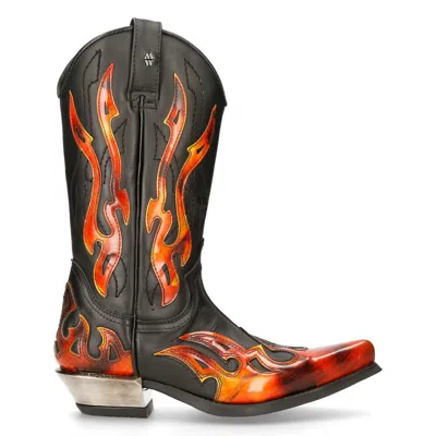 Pre-owned Rock 7921-s2 Boots Leather Black Red Flame Cowboy Leather Gohic Punk