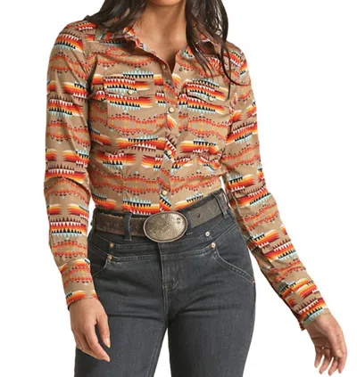 Rock And Roll Cowgirl Aztec Snap Western Shirt In Tan/multi In Brown