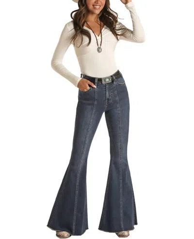Rock And Roll Cowgirl Extra Stretch High Bell Bottom Jean In Dark Blue In Gray