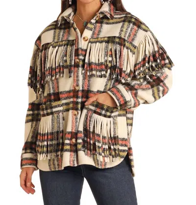 Rock And Roll Cowgirl Plaid Shacket With Fringe In Natural In Neutral
