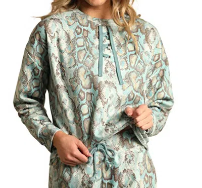 Rock And Roll Cowgirl Range Blue Snake Pullover Sweatshirt In Aqua