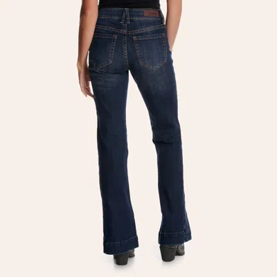 Rock & Roll Cowgirl Women's Dark Wash Mid Rise Side Insert Trouser Leg Jeans In Blue