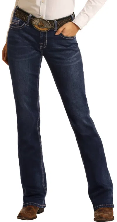 Rock And Roll Cowgirl Women's Mid Rise Extra Stretch Bootcut Riding Jeans In Blue