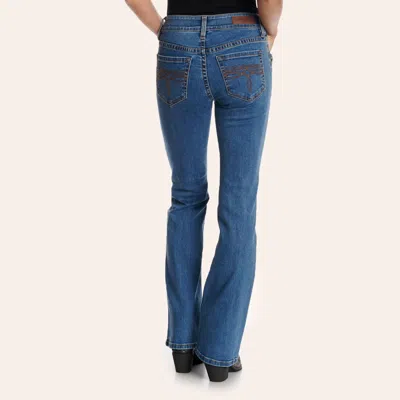 Rock & Roll Cowgirl Womenâ€™s Medium Wash Mid Rise Embroidered Extra Stretch Bootcut Jeans In Blue