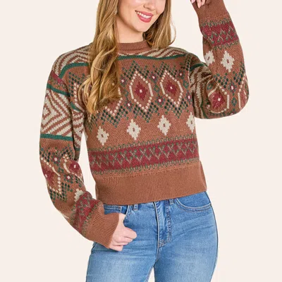 Rock & Roll Demin Women's Cinnamon Aztec Knit Sweater In Burgundy