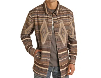 Rock & Roll Denim Aztec Jacquard Snap Shirt Jacket In Dark Brown