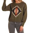 Rock & Roll Denim Aztec Long Sleeve Sweater In Jade