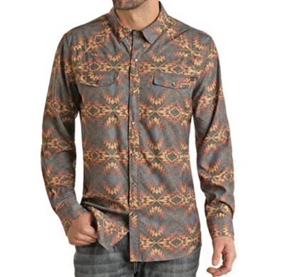 Rock & Roll Denim Aztec Ripstop Tek-western Snap Shirt In Charcoal/multi In Gray