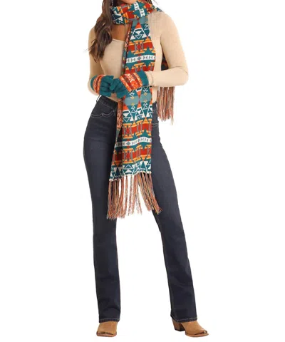 Rock & Roll Denim Aztec Scarf Set In Turquoise In Brown