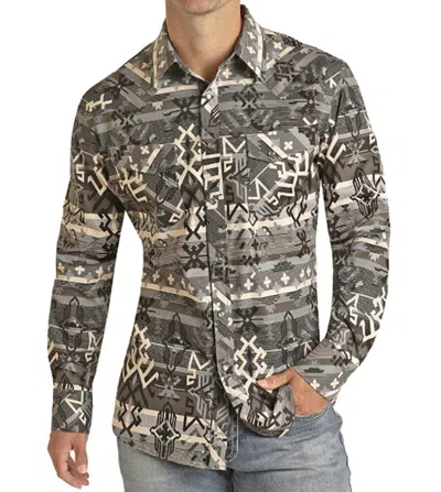 Rock & Roll Denim Aztec Woven Modern Fit Snap Shirt In Charcoal