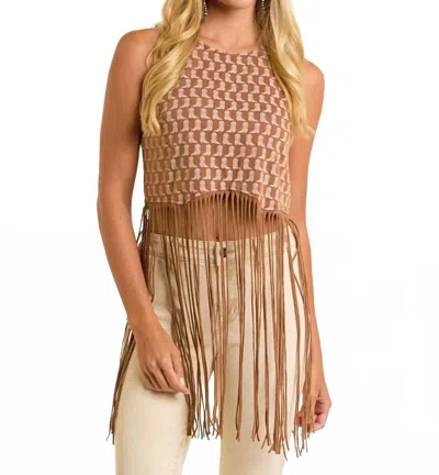Rock & Roll Denim Boot Print Fringe Top In Brown