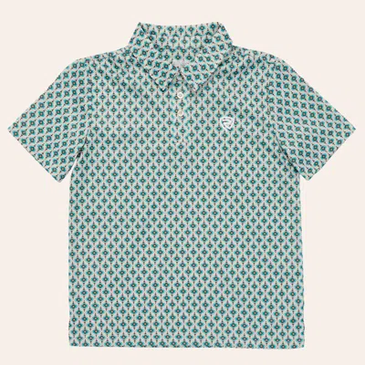 Rock & Roll Denim Boys' White & Teal Aztec Print Polo Shirt In Blue