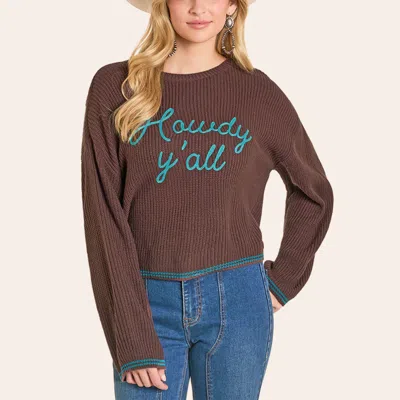 Rock & Roll Denim Brown Howdy Y'all Graphic Sweater