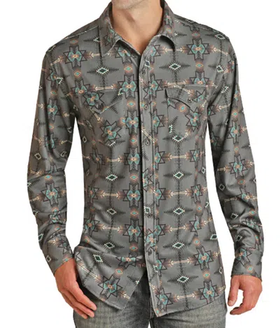 Rock & Roll Denim Brushed Knit Aztec Button Down Shirt In Grey In Multi