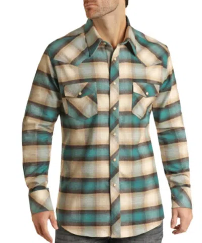 Rock & Roll Denim Brushed Twill Reflex Plaid Snap Shirt In Tan In Multi