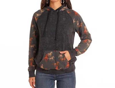 Rock & Roll Denim Contrast Sleeves Western Hoodie In Black In Brown