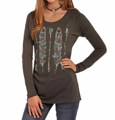 Rock & Roll Denim Cowgirl Feather Long Sleeve Tee In Black In Green