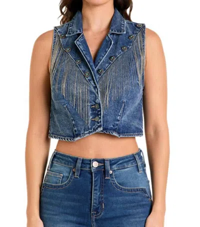 Rock & Roll Denim Cropped Fringe Vest In Denim In Blue