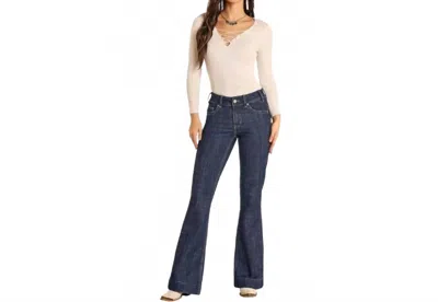 Rock & Roll Denim Diamond Belt Loop Mid Rise Trouser In Dark Wash In Blue