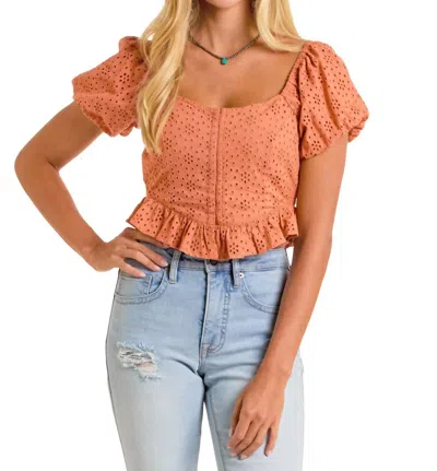 Rock & Roll Denim Eyelet Puff Sleeve Blouse In Orange In Pattern