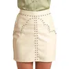 Rock & Roll Denim Faux Leather & Studded Mini Skirt In Ivory In Multi