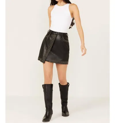 Rock & Roll Denim Faux Leather Studded Mini Skirt In Black