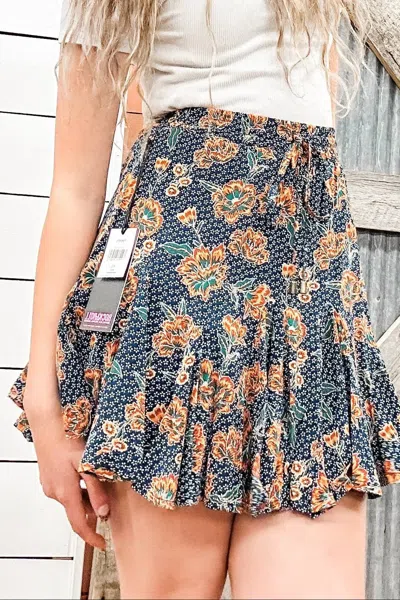 Rock & Roll Denim Floral Print Godet Skirt In Orange/ Blue In Multi