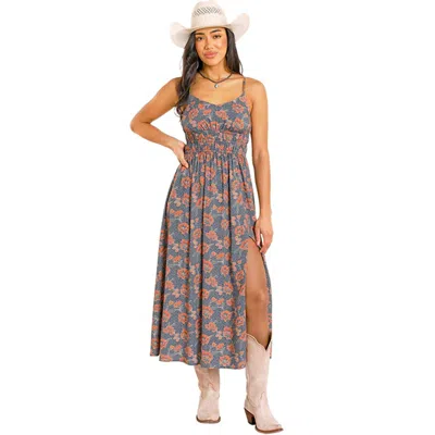 Rock & Roll Denim Floral Print Midi Dress In Navy In Blue
