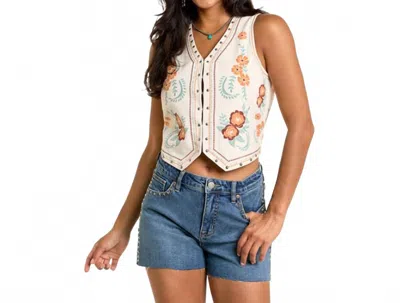 Rock & Roll Denim Floral Print Vest In Rose/mauve In White
