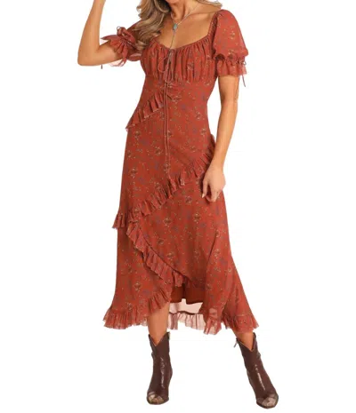Rock & Roll Denim Floral Ruffled Maxi Dress In Red