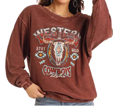 Rock & Roll Denim Graphic Ribbed Pullover In Brown
