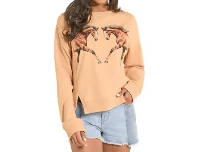 Rock & Roll Denim Horse Graphic Pullover Sweatshirt In Tan In Orange