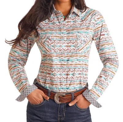 Rock & Roll Denim Ladies Snap Button Top In Turquoise In Multi