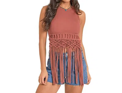 Rock & Roll Denim Macrame Tank Top In Rust In Brown