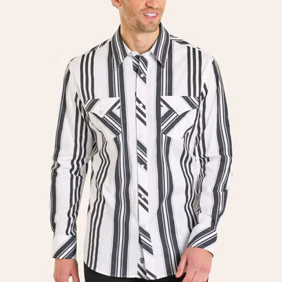 Rock & Roll Denim Men's Black & White Retro Stripe Print Long Sleeve Pearl Snap Shirt