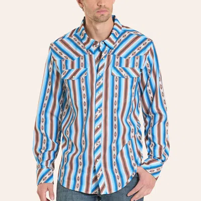 Rock & Roll Denim Men's Blue & Brown Aztec Stripe Print Long Sleeve Pearl Snap Tek Western Shirt