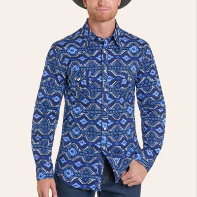 Rock & Roll Denim Men's Blue Aztec Print Western Shirt