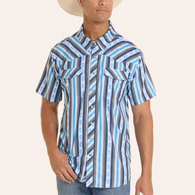 Rock & Roll Denim Men's Blue Aztec Stripe Print Pearl Snap Tek Western Shirt