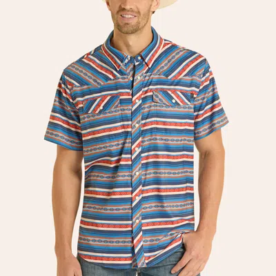 Rock & Roll Denim Men's  Blue Aztec Stripe Print Pearl Snap Western Shirt