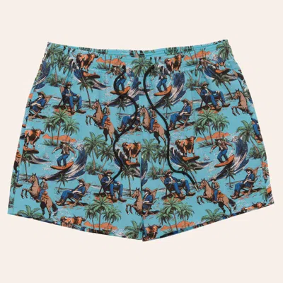 Rock & Roll Denim Men's Blue Tropical Cowboy Print Swim Trunks