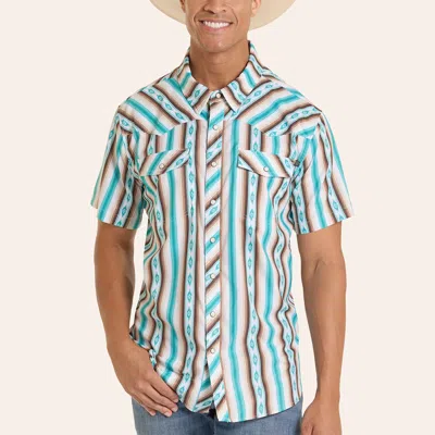 Rock & Roll Denim Men's Brown & Turquoise Stripe Print Pearl Snap Tek Western Shirt In Multi
