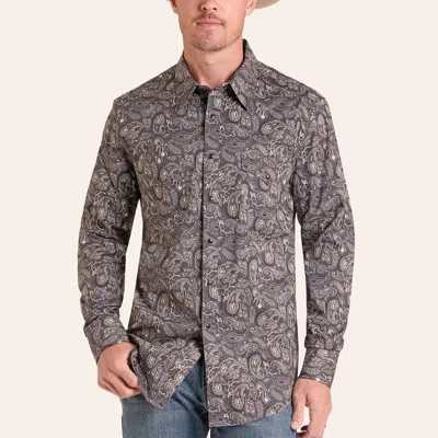 Rock & Roll Denim Men's Charcoal Paisley Print Long Sleeve Pearl Snap Shirt