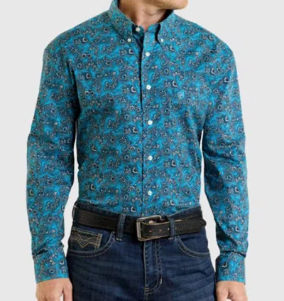 Rock & Roll Denim Men's Classic Fit Paisley Button Down Shirt In Turquoise In Blue