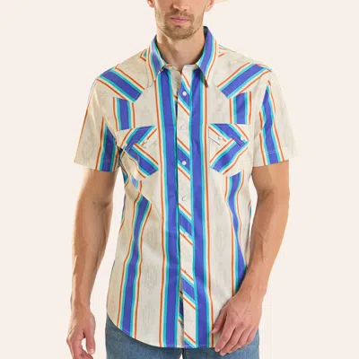 Rock & Roll Denim Men's Cream & Blue Aztec Stripe Print Pearl Snap Western Shirt In White