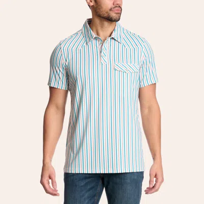 Rock & Roll Denim Men's Cream & Teal Stripe Print Pearl Snap Polo Shirt In Blue