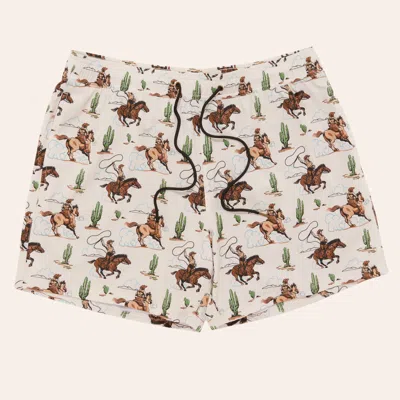 Rock & Roll Denim Men's Cream Desert Cowboy Print Swim Trunks In Brown