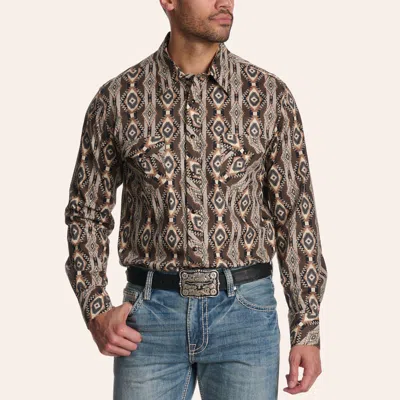 Rock & Roll Denim Men's Dale Brisby Dark Brown Aztec Print Long Sleeve Pearl Snap Western Shirt
