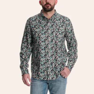 Rock & Roll Denim Men's Green Steer Skull Camo Print Long Sleeve Pearl Snap Tek Western Shirt