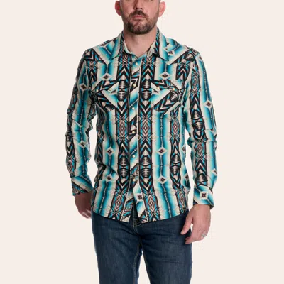 Rock & Roll Denim Men's Teal & Brown Aztec Print Long Sleeve Pearl Snap Western Shirt In Blue
