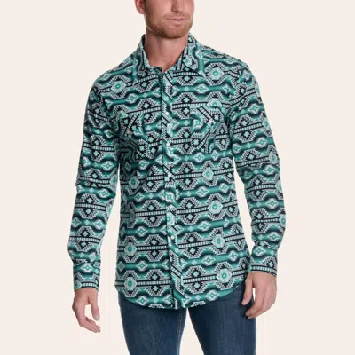 Rock & Roll Denim Men's Turquoise & Black Aztec Print Western Shirt In Blue